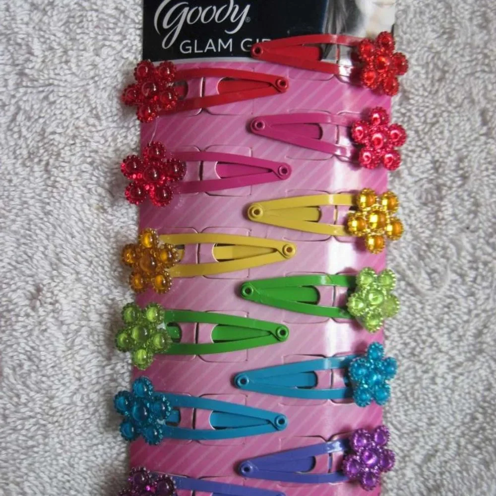 12 Goody Glam Girls Bright Painted Metal Snap Hair Clips Plastic Flower Gems